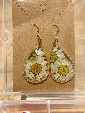 Daisy Resin Teardrop Earrings — White & Yellow Floral